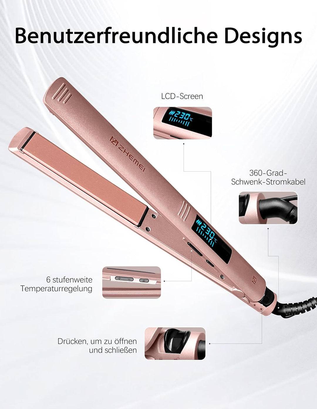 Glätteisen, Haarglätter &amp; Reisebügeleisen – 1Zoll Keramik Ionen LED 6Temp 130‑230°C DualVolt (110‑24