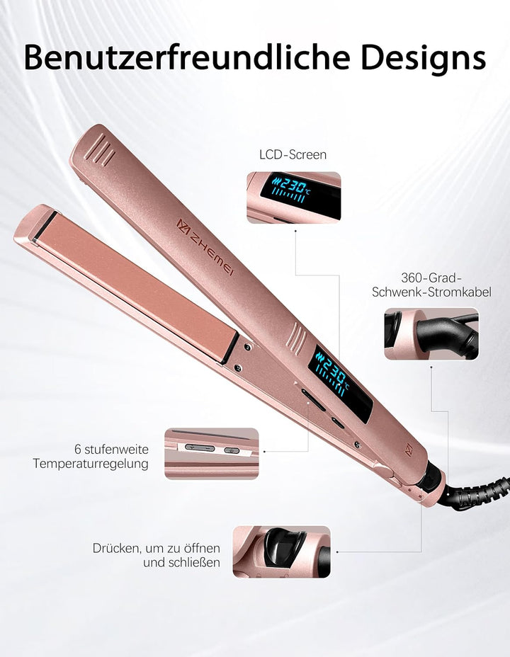 Glätteisen, Haarglätter &amp; Reisebügeleisen – 1Zoll Keramik Ionen LED 6Temp 130‑230°C DualVolt (110‑24
