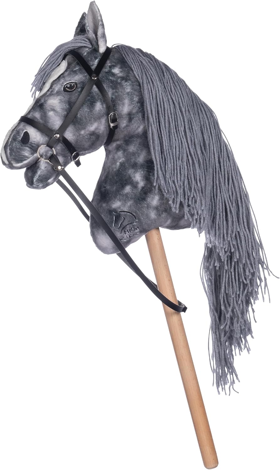 HKM Hobby Horse Beni – Steckenpferd Silbergrau, abnehmbare Trense & Lange Mähne, 40 cm Holzstiel – f