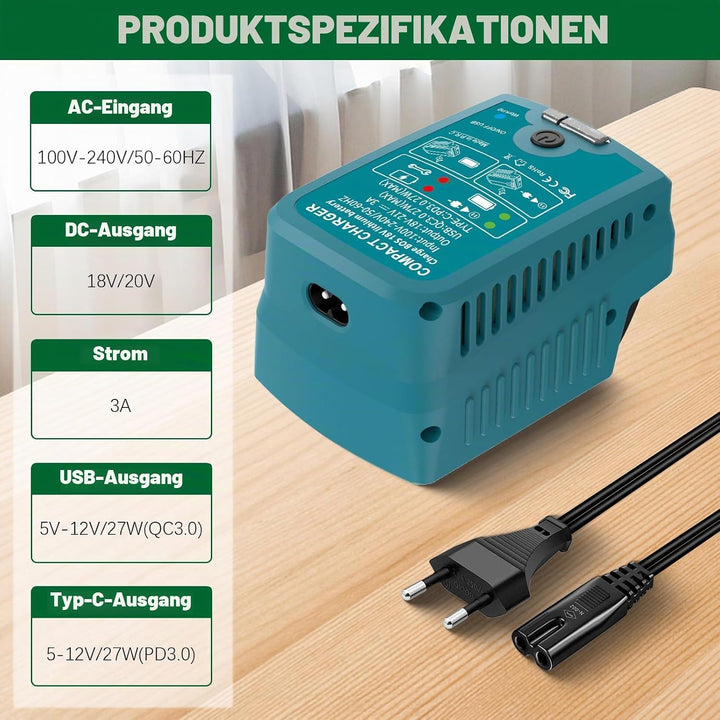 Schnellladegerät für Bosch 18V PBA Gome und Garten Ladegerät,mit USB & Type-C Output,Eingang 220V, A