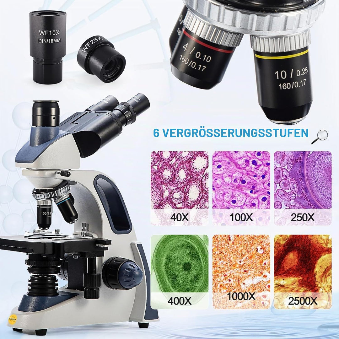 SWIFT Trinokular-Mikroskop SW380T, 40- bis 2500-fache Vergrösserung, Siedentopf-Kopf, zweischichtige