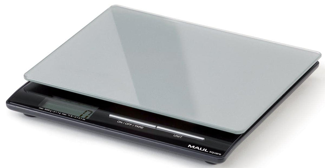 Maul Briefwaage MAULsquare, Küchenwaage Glasoberfläche 18 x 15 cm, Inklusive Batterie, 5000 g, Silbe