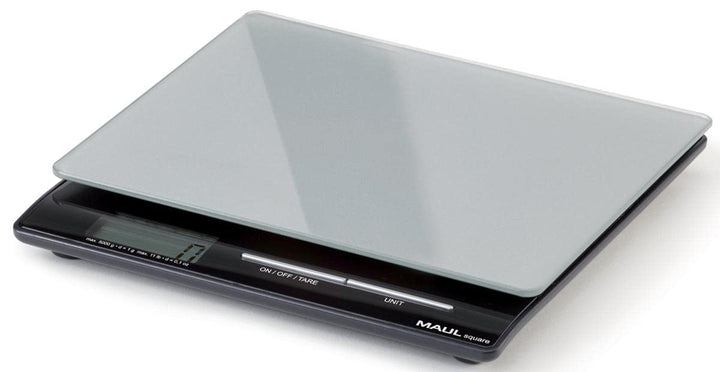 Maul Briefwaage MAULsquare, Küchenwaage Glasoberfläche 18 x 15 cm, Inklusive Batterie, 5000 g, Silbe