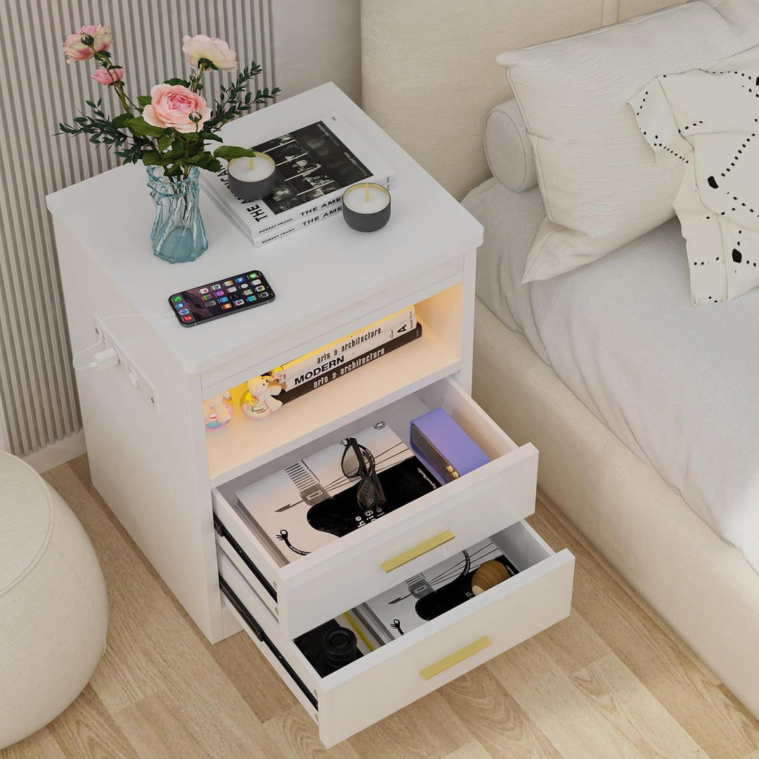 PIPIPOXER LED Nachttisch mit Steckdose, Nachttisch in Weiss mit grossen Stauraum, Nachtschrank Led L