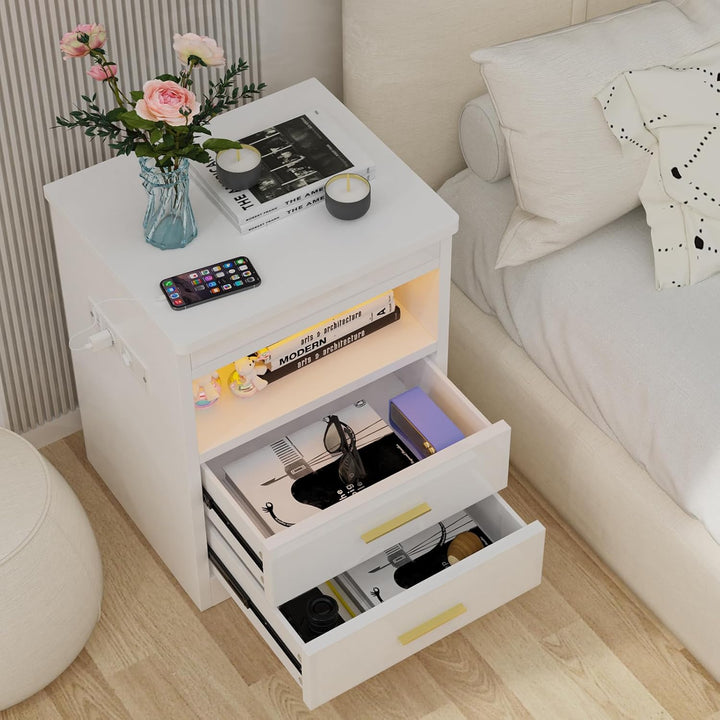PIPIPOXER LED Nachttisch mit Steckdose, Nachttisch in Weiss mit grossen Stauraum, Nachtschrank Led L