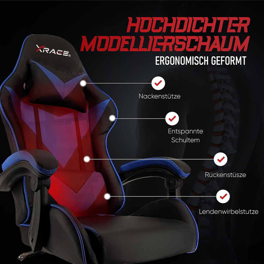 xRace Gaming Stuhl, ergonomischer Bürostuhl, PU-Leder, Lendenstütze Blau | Ergonomischer PC Stuhl mi
