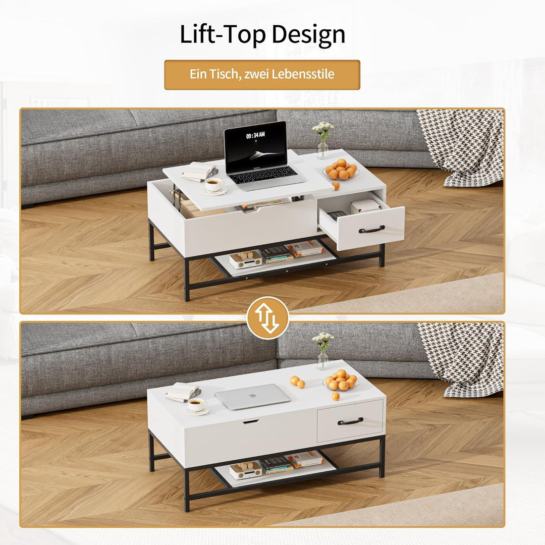BonVache Couchtisch Höhenverstellbarer, Sofatisch, Beistelltisch mit Ablage, Wohnzimmertisch, Kaffee