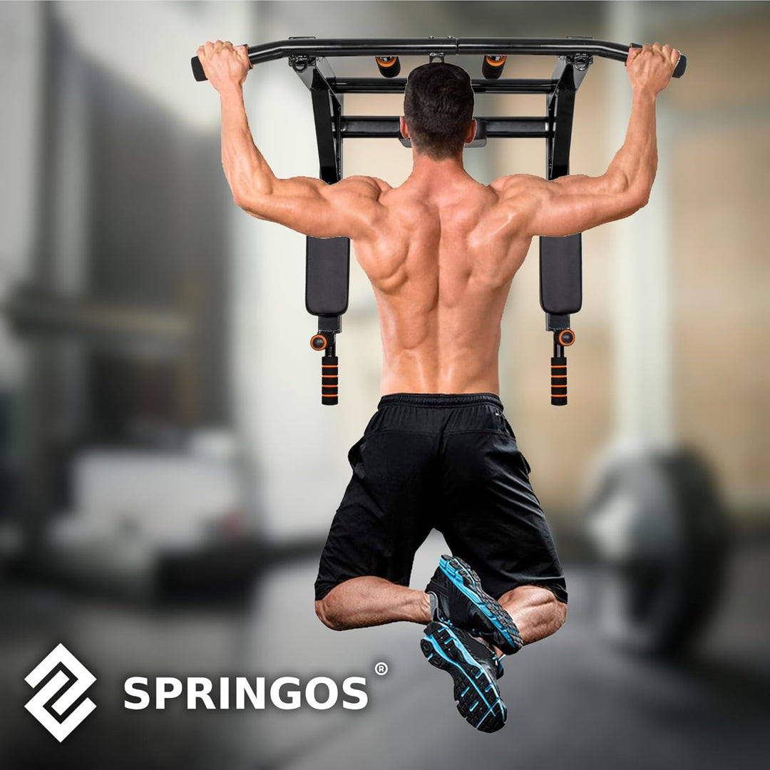 SPRINGOS Wandmontierte Klimmzugstange 3 in 1 + Dip-Stangen + Rückenlehne aus Stahl Dip Bar Pull up S