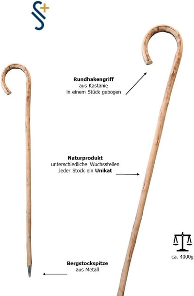 Stock-Fachmann® Wanderstock Kastanie Natur mit Rundhakengriff und Bergstockspitze Gehstock