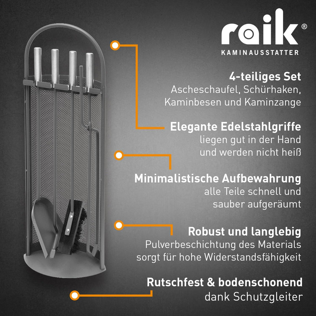 raik Kaminbesteck Set Arthur 4-teilig inkl. Rindsleder Ofenhandschuh schwarz Kamingarnitur Stahl Sch