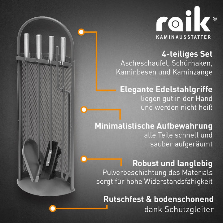 raik Kaminbesteck Set Arthur 4-teilig inkl. Rindsleder Ofenhandschuh schwarz Kamingarnitur Stahl Sch