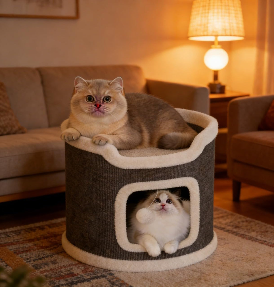 Katzenhöhle Katzenfass, Katzenhaus mit Kratzbrett für Indoor-Katzen,Kratzbaum Klein mit Plattform, H