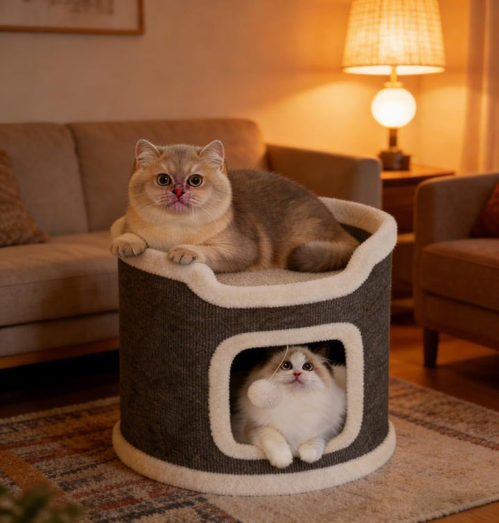 Katzenhöhle Katzenfass, Katzenhaus mit Kratzbrett für Indoor-Katzen,Kratzbaum Klein mit Plattform, H