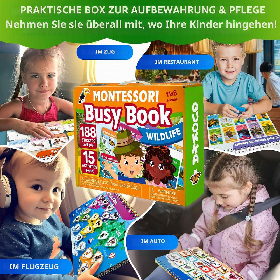 QUOKKA Montessori Spielzeug Busy Book ab 3 4 Jahre - Wildtiere 15 Bildungsaktivitäten - Vorschule Le