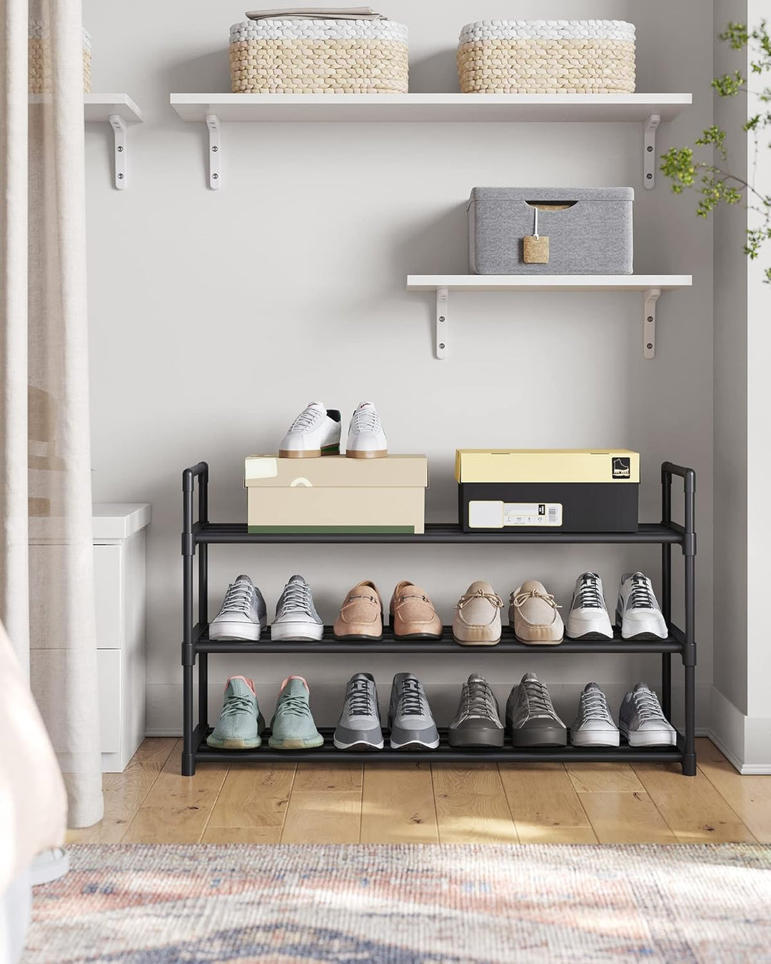 SONGMICS Schuhregal 3 Ebenen, Schuhständer Metall, Schuhaufbewahrung, Schuh-Organizer für 12-15 Paar