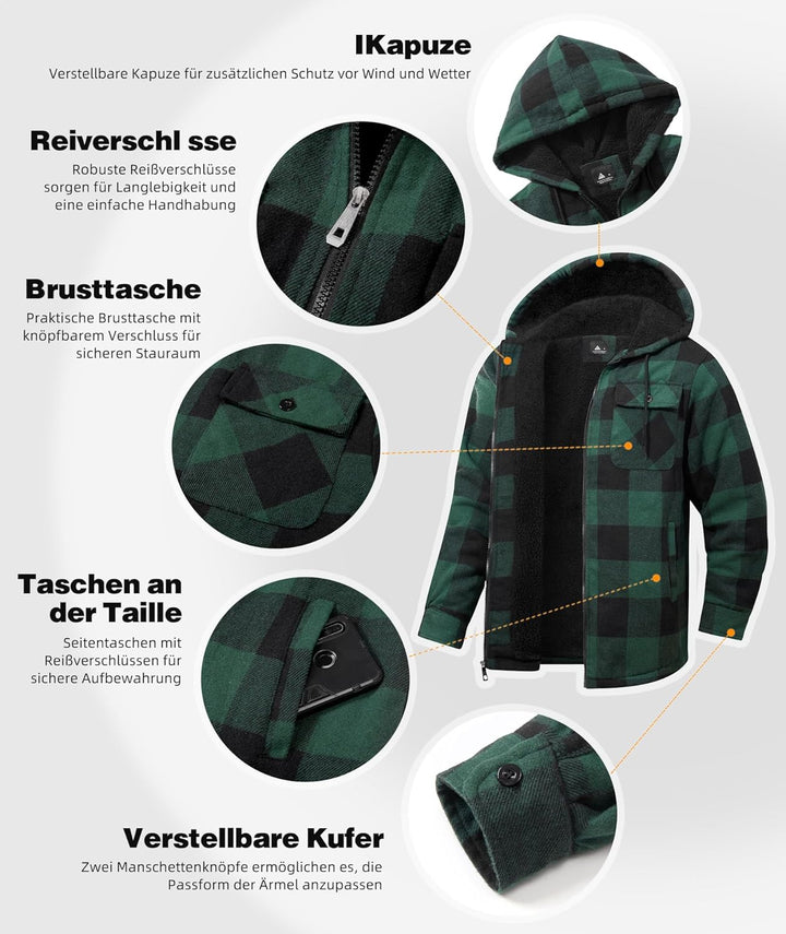 JACKETOWN Hemdjacke Herren Kariertes Winterjacke Thermohemd Fleece Gefüttert Freizeit Jacke mit Kapu