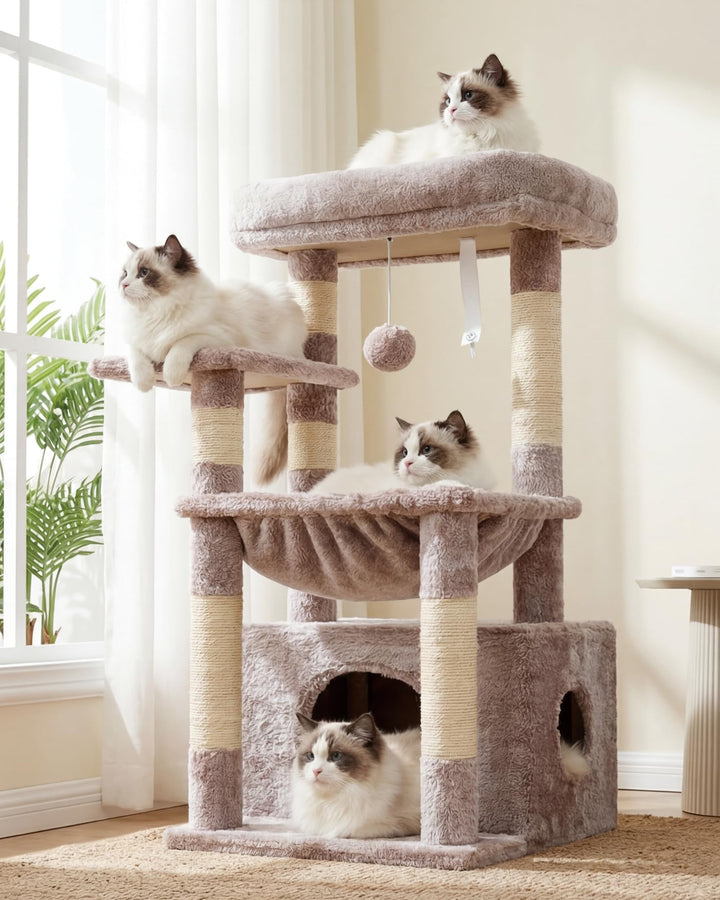 Heybly Kratzbaum, Katzenbaum mit Extra Grossem, Weichem Katzenkorb, Katzenkratzbaum mit Geräumigem K