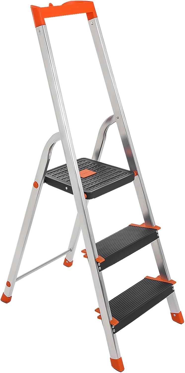SONGMICS Leiter mit 3 Stufen, Aluleiter, 12 cm breite Stufen mit Riffelung, Anti-Rutsch-Füsse, mit H