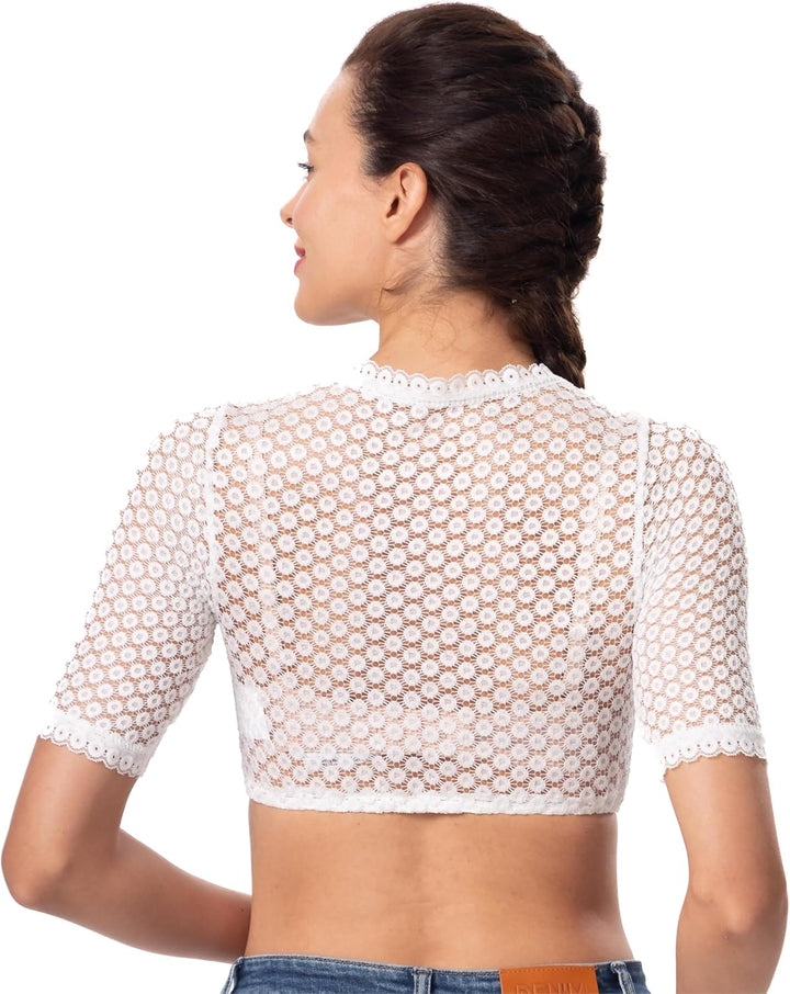 Dirndlwelle Oktoberfest Damen Dirndlbluse Kurzarm Rundhals Spitzebluse Weiss Schön Kurzarm Trachtenb