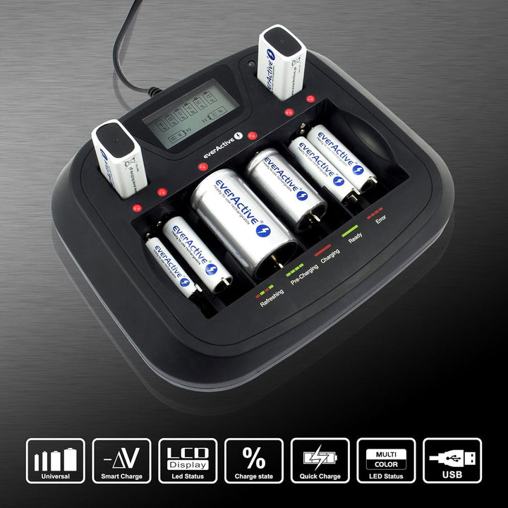 everActive Ladegerät für 8 Akkus AAA AA C D 9V, universal und schnell, vollautomatisch, LCD mit proz