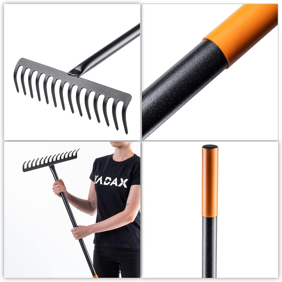 KADAX Rechen, Gartenharke aus Metall, breite Harke mit 154,5 cm langem Metallstiel, Gartengerät zum