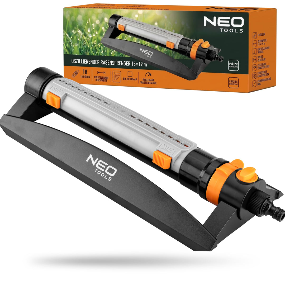 NEO TOOLS Viereckregner Oszillierend, Rasensprenger 15x19m bis 285 m2 Reichweite, 18 Auslassdüsen, E