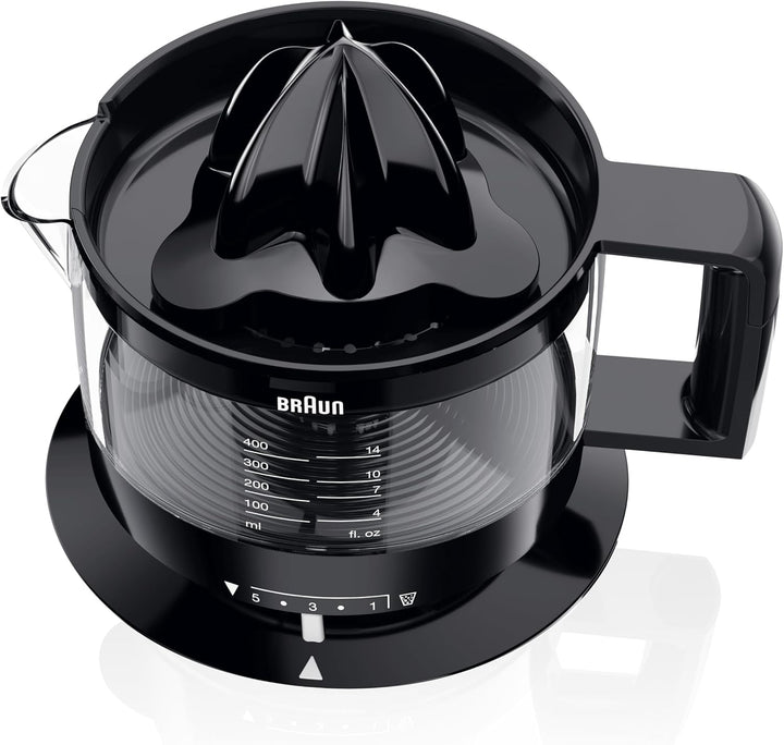 Braun CJ3000 BK Zitruspresse mit Schale präzisionskalibrierung 350 ml, Anzahl Fruchtfleisch dimmbar,
