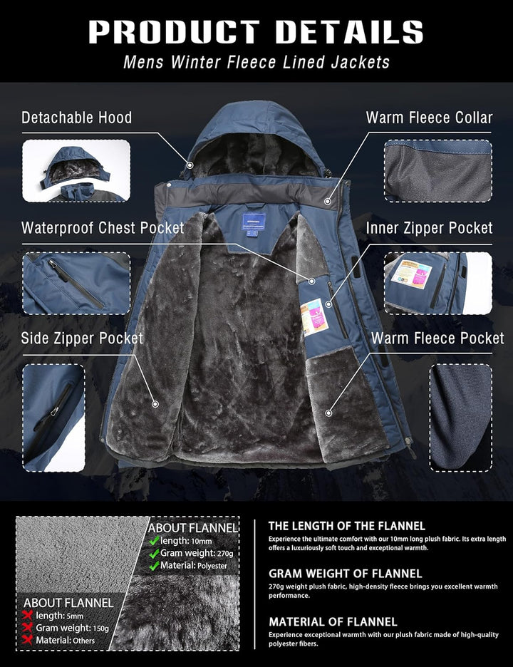 Zzkouine Herren Winter Wasserdichte Fleecejacke Warm Gefüttert Winterjacke Mit Kapuze Wasserabweisen