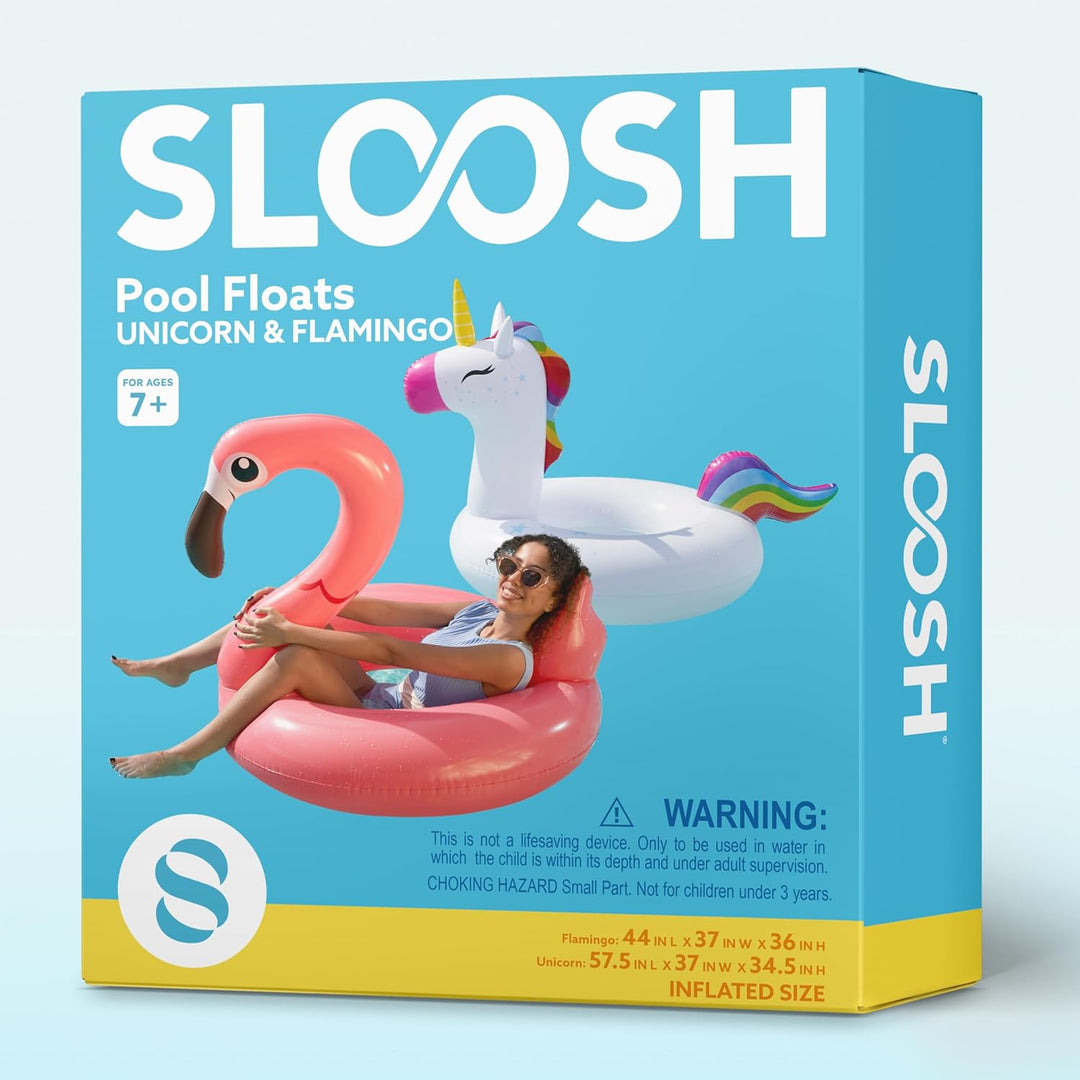 SLOOSH Einhorn-Flamingo-Schwimmring für den Pool – 2Pack aufblasbare Schwimmreifen mit Kopfstütze, S