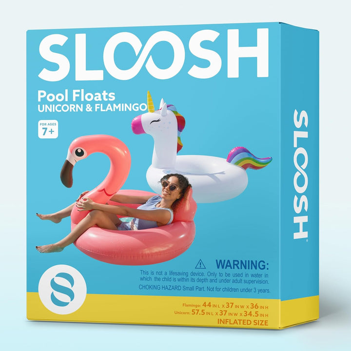 SLOOSH Einhorn-Flamingo-Schwimmring für den Pool – 2Pack aufblasbare Schwimmreifen mit Kopfstütze, S