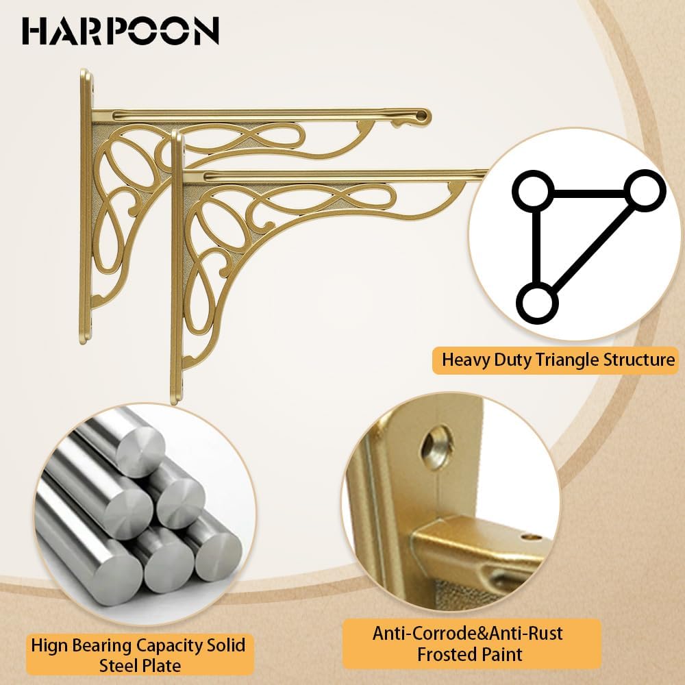 HARPOON Wandregalhalterung, robust und Hardware im Lieferumfang enthalten, 2 Stück, gebürstetes Gold
