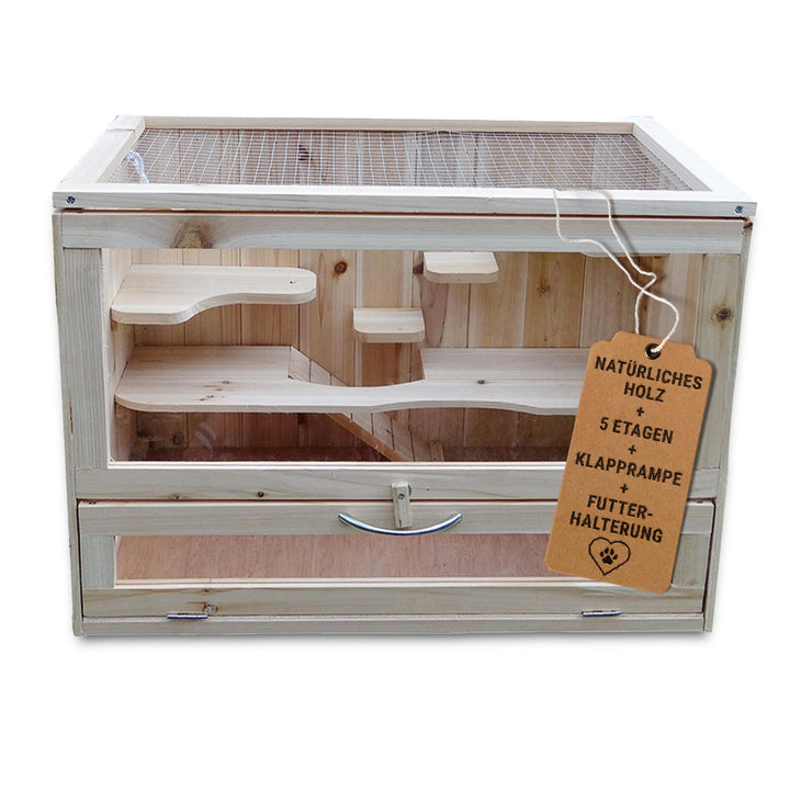 Melko Kleintierkäfig aus Holz, 60 x 35 x 42 cm, inklusive klappbarer Rampe, 5 stöckig, Nagervilla Ha