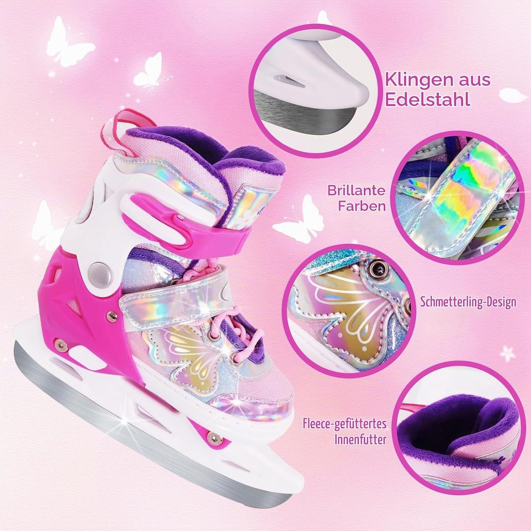 Nattork Mädchen-Eislaufschuhe für Kinder, 4-Fach verstellbar, Butterfly-Eislaufschuhe mit Fleecefutt