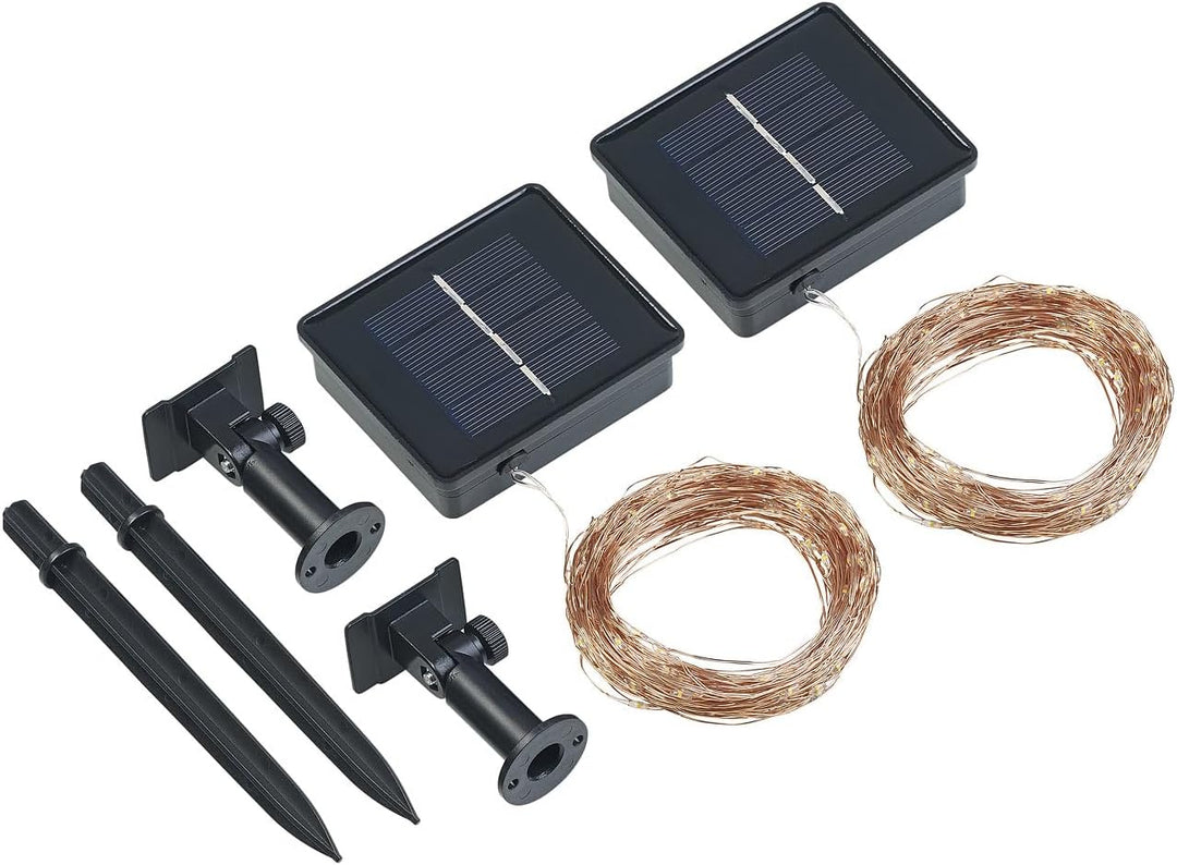 Lunartec Kupfer Lichterkette: 2er-Set Solar-Lichterkette aus Kupferdraht, 200 warmweisse LEDs, 8 Mod