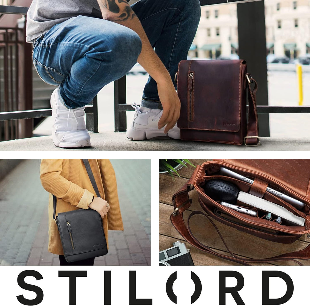 STILORD 'Easton' Kleine Messenger Bag Echt Leder Vintage Umhängetasche im Hochformat 10,1 Zoll Table