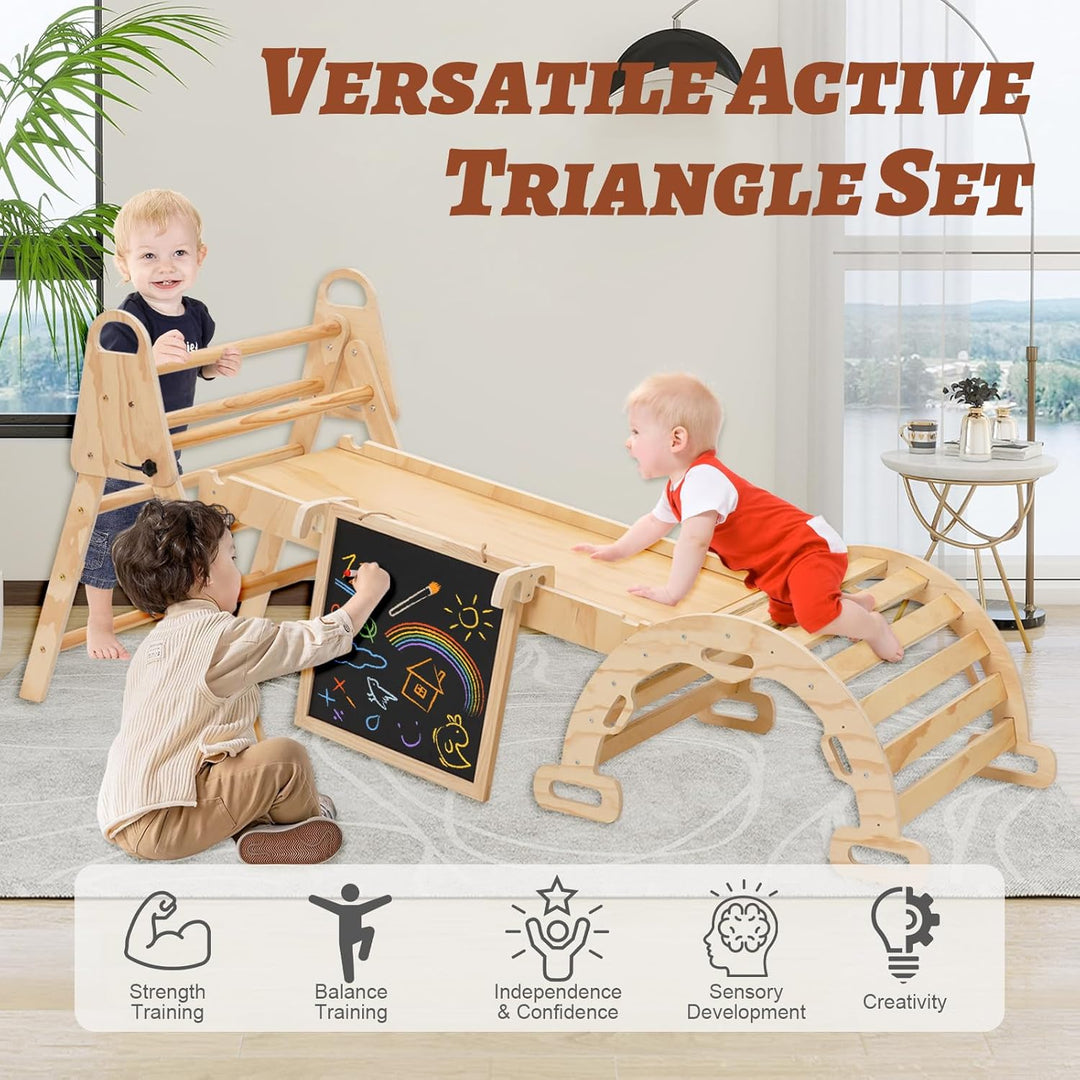 6in1 Montessori Klettergerüst, Klettern Kinder Indoor mit Kletterbogen, Rutsche und Mini Kinder Malt