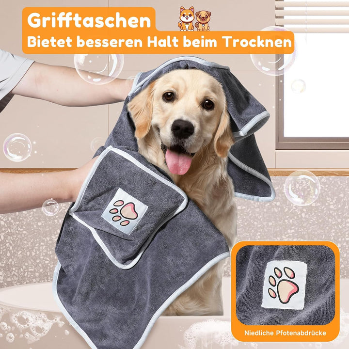 120x70cm Hundehandtuch, 2 Stück Hundehandtuch Extra Saugfähig mit Griffaschen, Mikrofaser-Handtücher