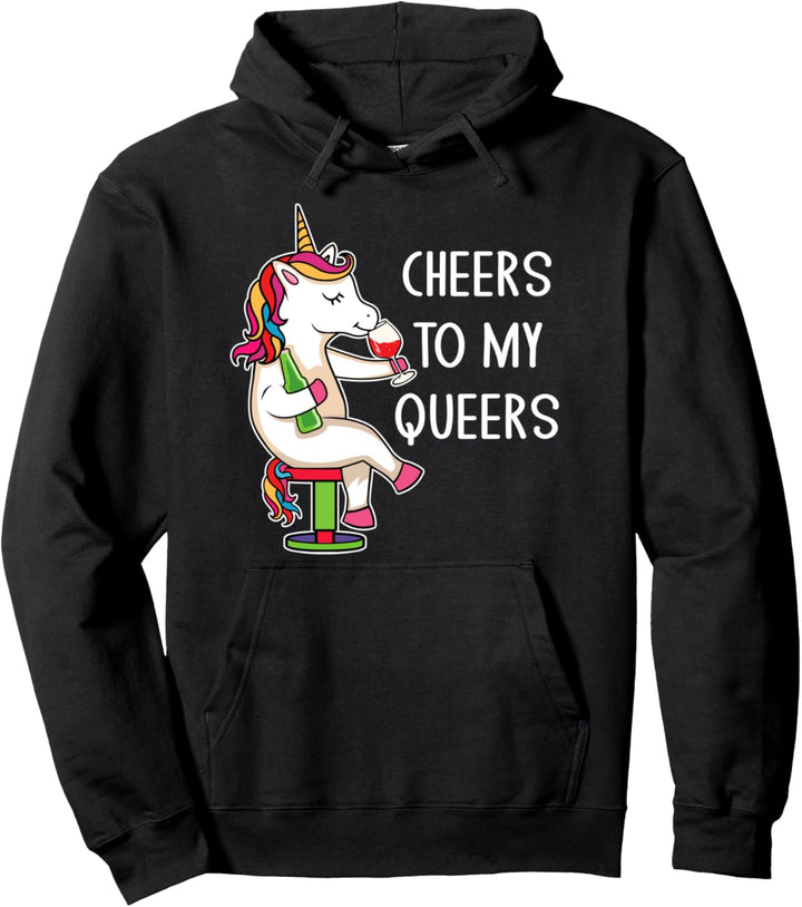 Cheers to My Queers Lustiger LGBTQ Spruch Gay Unicorn Wine Pullover Hoodie