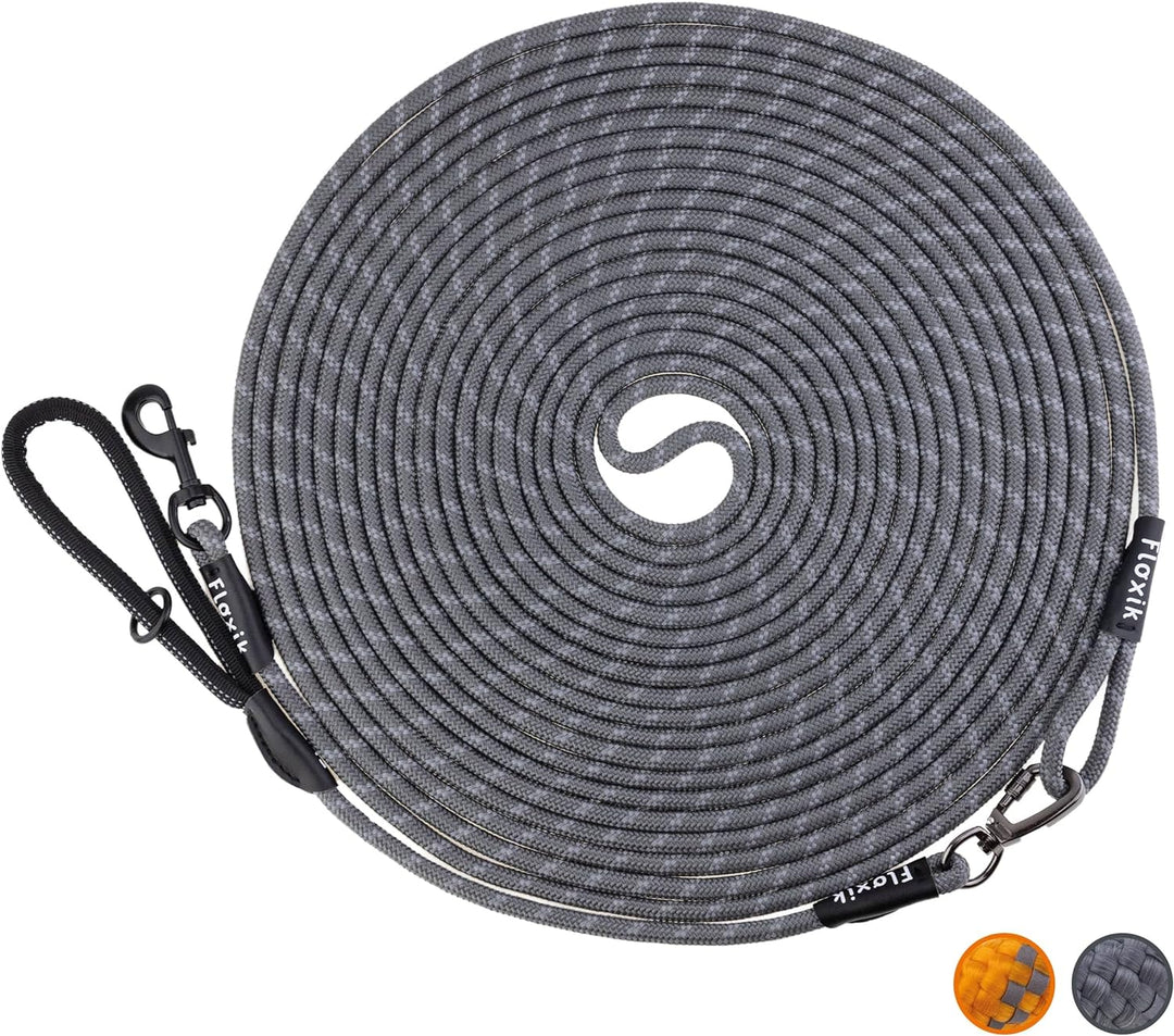 Floxik Schleppleine für Hunde | 5m, 10m, 15m, 20m grau | reflektierende Tauleine mit Abnehmbarer Han