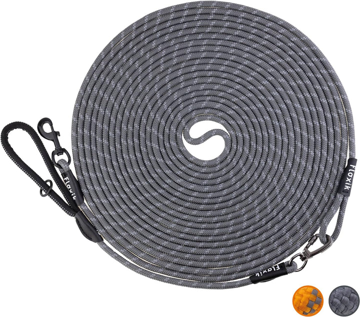 Floxik Schleppleine für Hunde | 5m, 10m, 15m, 20m grau | reflektierende Tauleine mit Abnehmbarer Han