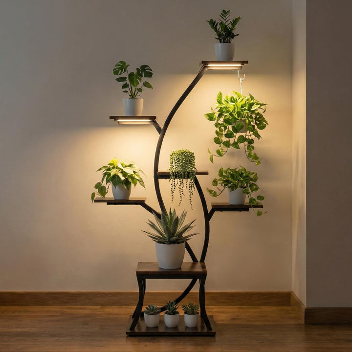 Todeco Pflanzenständer mit Wachstumslicht, 7 Ebenen Pflanzenregal Metall 115cm Baumform Holz Blumens