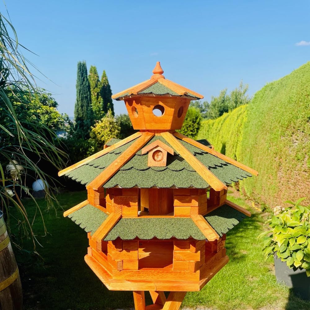 DARLUX Vogelvilla wetterfest von L bis XXL Futterhaus Vogelhaus mit oder ohne Ständer in Braun mit R