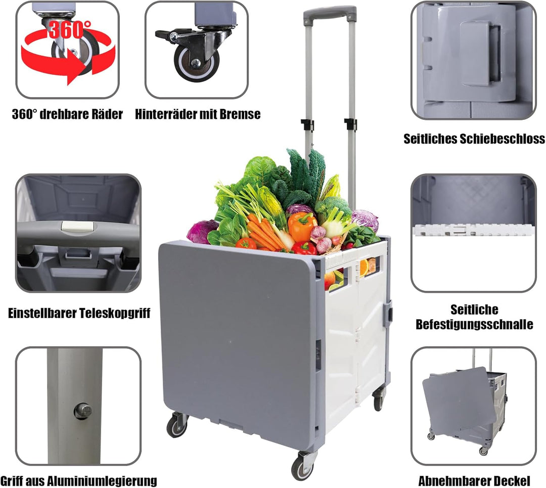 Einkaufstrolley Klappbar Einkaufswagen Metallräder, Transportbox mit 4 Rollen & 1 Teleskopgriff, Tra
