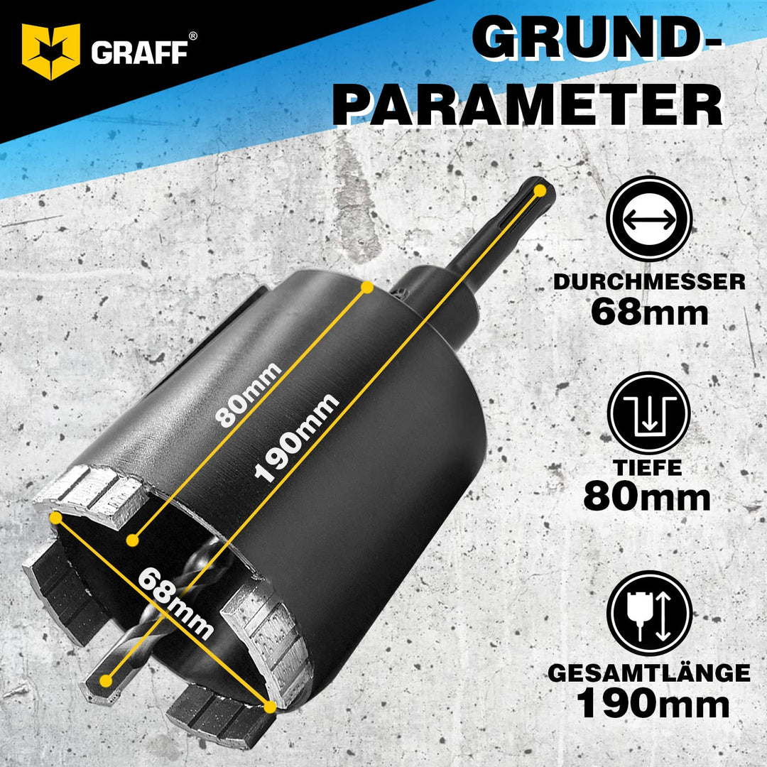 GRAFF Diamant Bohrkrone 68mm Beton Dosensenker Dosenbohrer - Diamant Bohrkronen Set für Mauerwerk Zi