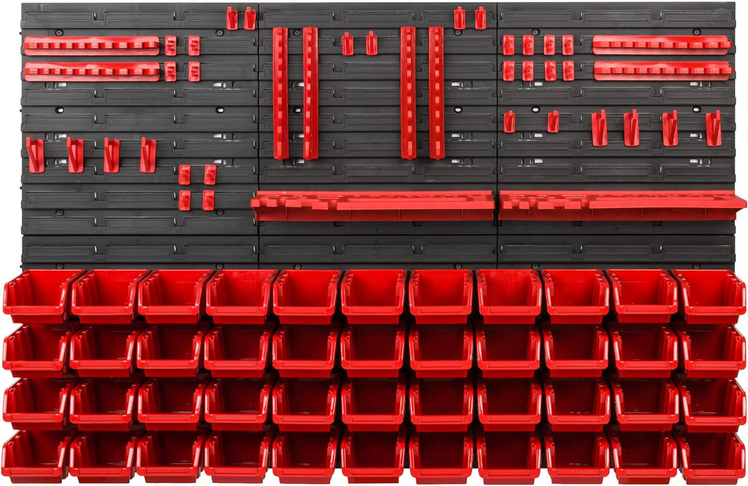 Lagersystem Werkstattregal | 117 x 78 cm | 44 stck. Box | Wandregal mit Werkzeughalterungen und Stap