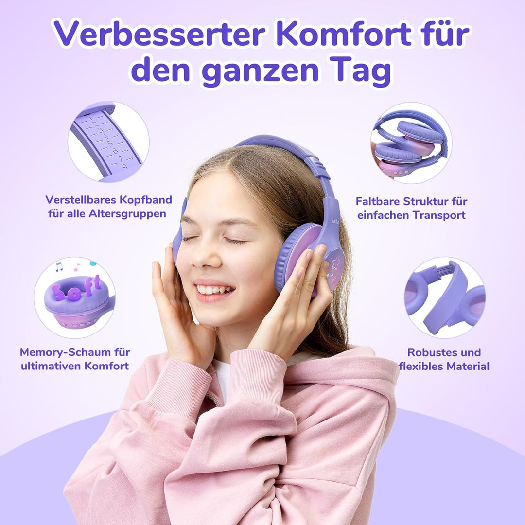 EarFun Bluetooth Kopfhörer Kinder, 5 LED-Beleuchtungsmodi, 74/85/94 dBA Lautstärkebegrenzung, 90 Std