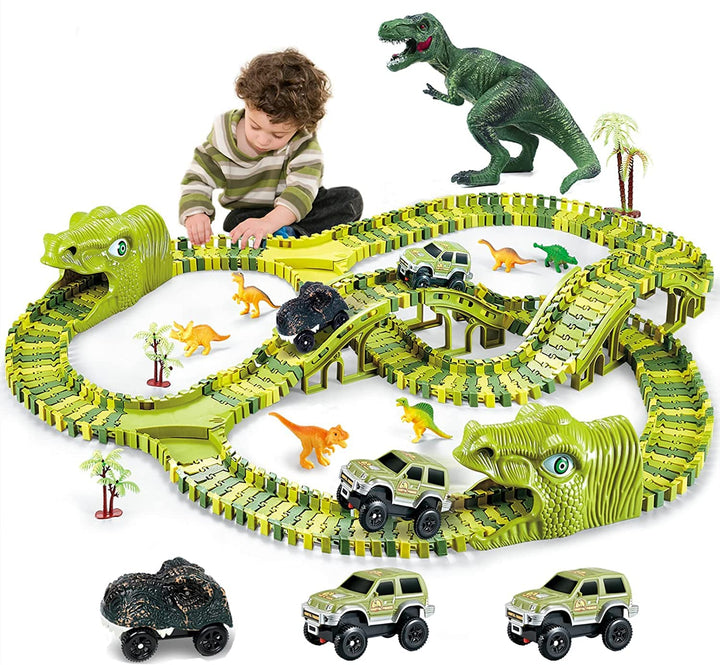 burgkidz Dinosaurier Spielzeug Schienen, 260 Stück Dinosaurier Weltrennstrecken Spielset mit 3 Trieb