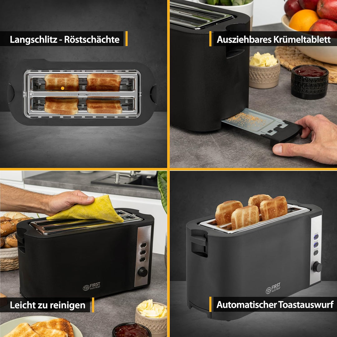 TZS First Austria Toaster | 4 Scheiben Langschlitz | 6 Bräunungsstufen | Auftau- und Aufwärmfunktion