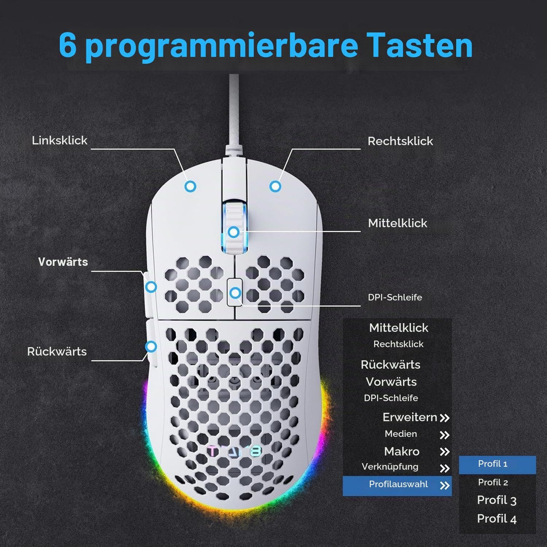 Dierya M1SE Gaming-Maus mit Kabel, Gaming Mouse für PC, 12800 DPI, Weiss | Präziser optischer Sensor