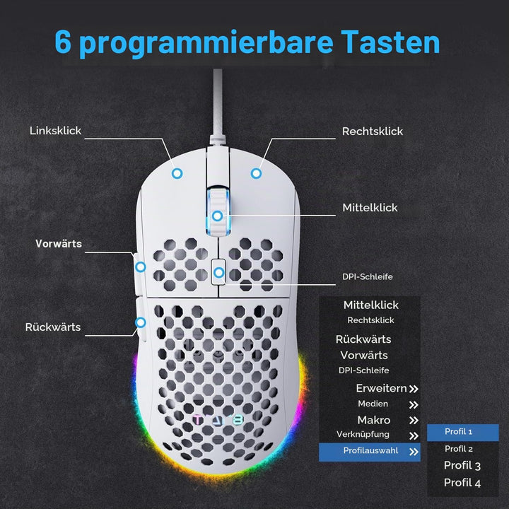 Dierya M1SE Gaming-Maus mit Kabel, Gaming Mouse für PC, 12800 DPI, Weiss | Präziser optischer Sensor